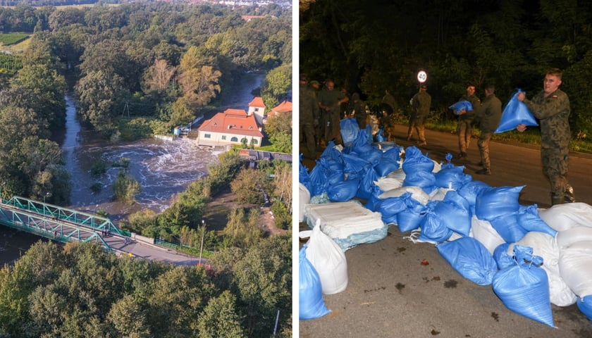 Widok na Marszowice z lotu ptaka i żołnierze układający w nocy worki z piaskiem 