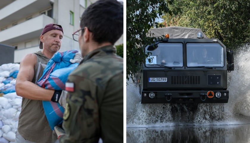 Po lewej: dwaj mężczyźni (jeden w zielonej koszulce, drugi w stroju moro) podają sobie niebieski worek / po prawej: wóz wojskowy jadący przez wodę (18 września 2024)