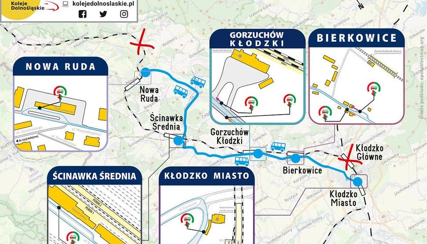 Lokalizacje przystanków pomiędzy Nową Rudą a Kłodzkiem Miasto