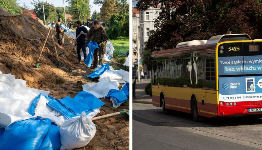 Zdjęcie ilustracyjne: układanie worów z piaskiem na wale i autobus komunikacji miejskiej 