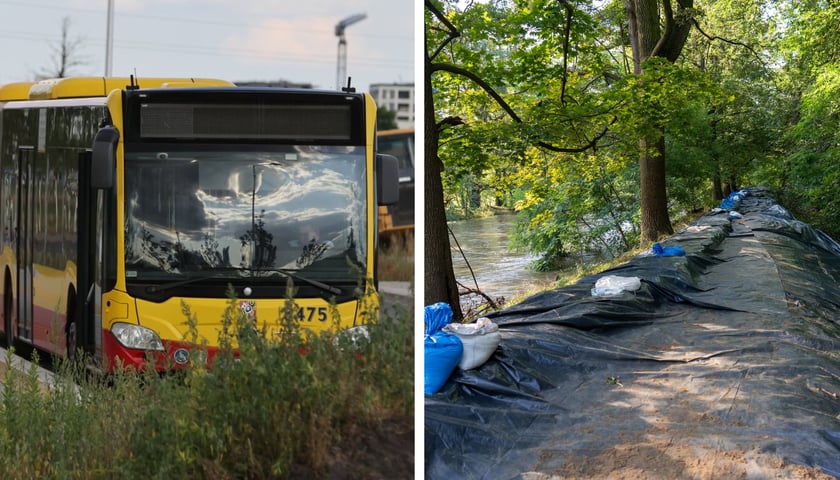 Zdjęcie ilustracyjne - autobus komunikacji miejskiej i wzmocnione workami wały przeciwpowodziowe 