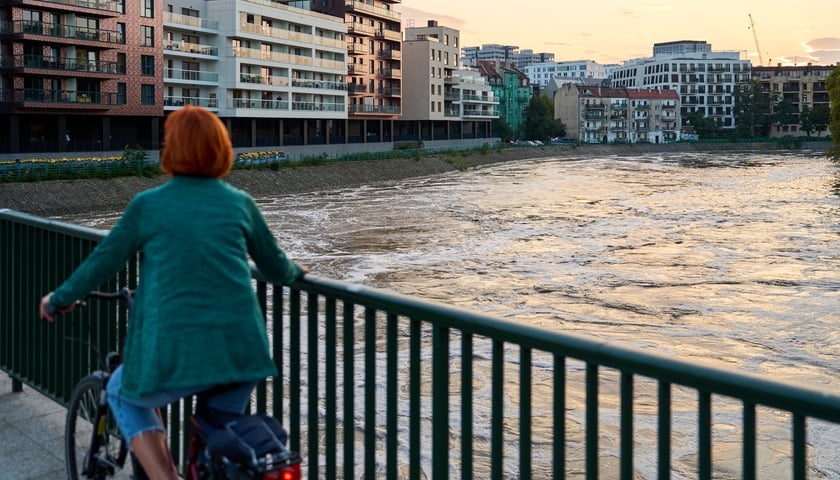 Rowerzystka na moście nad Odrą 