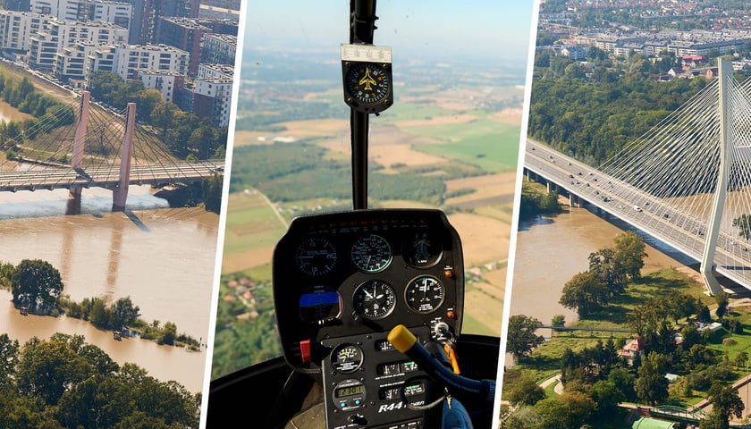Wrocławskie mosty, zalane tereny, kokpit helikoptera, zdjęcia lotnicze Wrocławia 