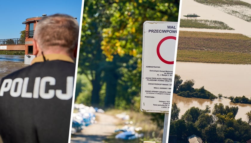 Ilustracja przedstawia policjanta na tle jazu, znak zakazu ruchu na wale oraz polder zalewowy