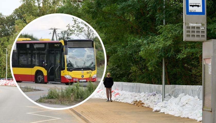 Ilustracja - zdjęcie ulicy na Marszowicach z workami z piaskiem i autobusu MPK 