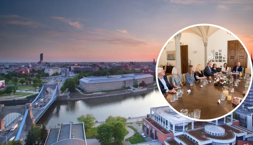 Kolaż dwóch zdjęć. W tle panorama Wrocławia z widokiem na most Grunwaldzki i Urząd Wojewódzki. W kółku - inauguracyjne posiedzenie Wrocławskiej Rady Seniorów kadencji 2019-2024. Zdjęcia ilustracyjne.