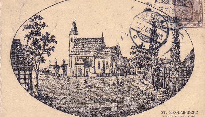 Powiększ obraz: Stary kościół św. Mikołaja zniszczony w 1806 roku na pocztówce wysłanej w 1908 roku. Lata 1760-1806