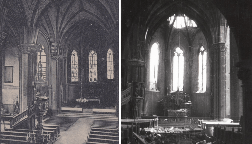 Wnętrze kościoła św. Mikołaja przed i po zniszczeniu w 1945 r., zdjęcia archiwalne
