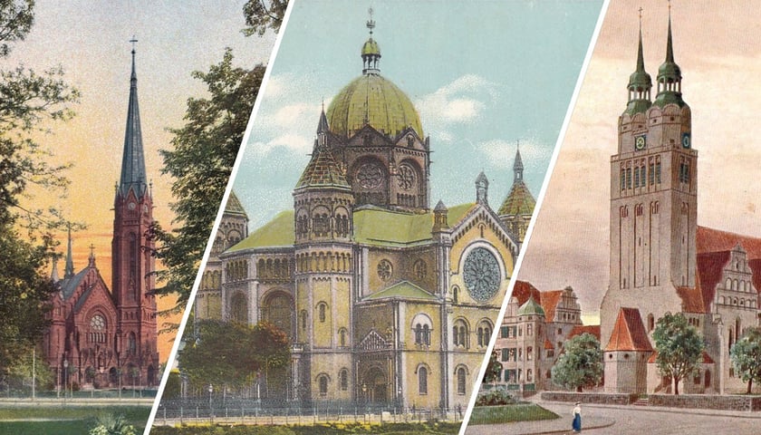 Od lewej strony Kościół Lutra, Nowa Synagoga i Kościół św. Pawła we Wrocławiu przed 1945 r.