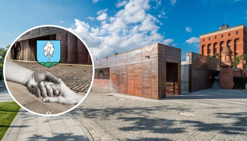 Kolaż dwóch zdjęć – na dużym budynek Hydropolis, na małym herb Wlenia i dłonie uściśnięte w geście solidarności