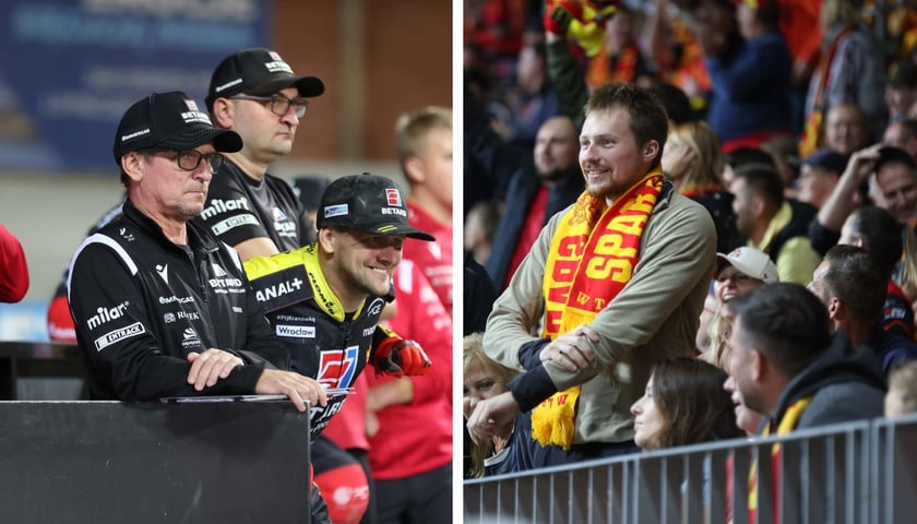 Po lewej: trener Dariusz Śledź i Artiom Łaguta w czarnych czapkach z daszkiem, po prawej: kibic z żółto-czerwonym szalikiem na trybunie Olimpijskiego podczas meczu Sparty ze Stalą