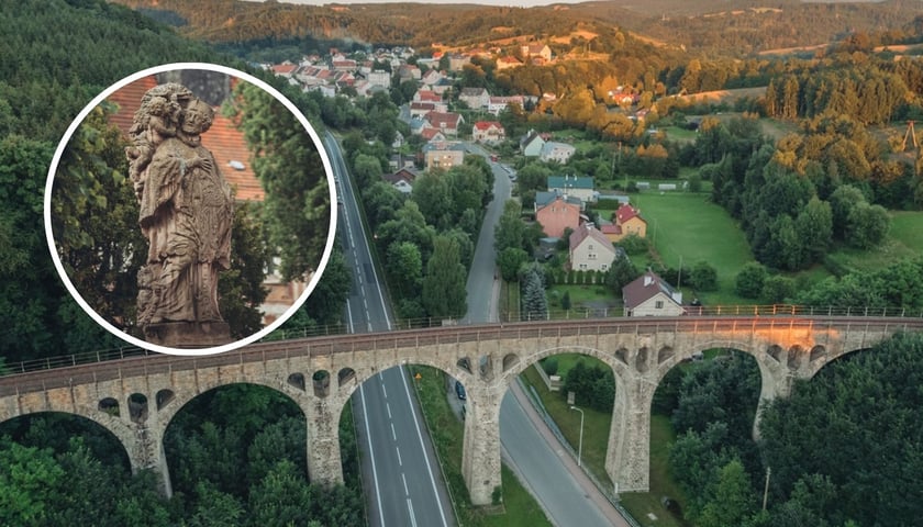 Panorama Lewina Kłodzkiego z kamiennym wiaduktem kolejowym. W owalu rzeźba Jana Nepomucena