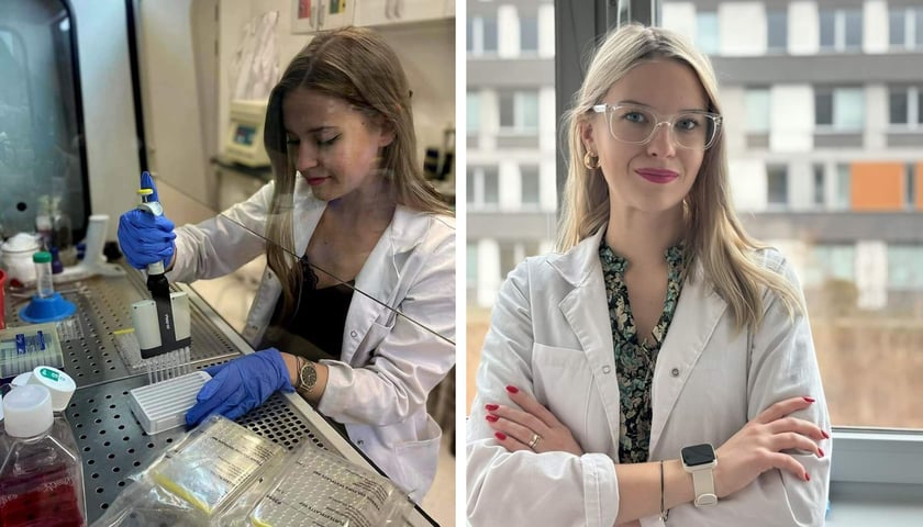 Po lewej: Dorota Bęben podczas pracy przy stole w laboratorium / po prawej: Dorota Bęben stoi w białym kitlu z założonymi rękoma