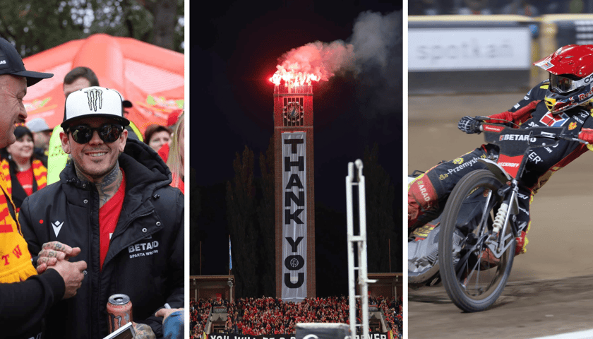 Finał PGE Ekstraligi we Wrocławiu. Z lewej Tai Woffinden, w środku wieża z nampisem "Thank you", z prawej żużlowiec na torze