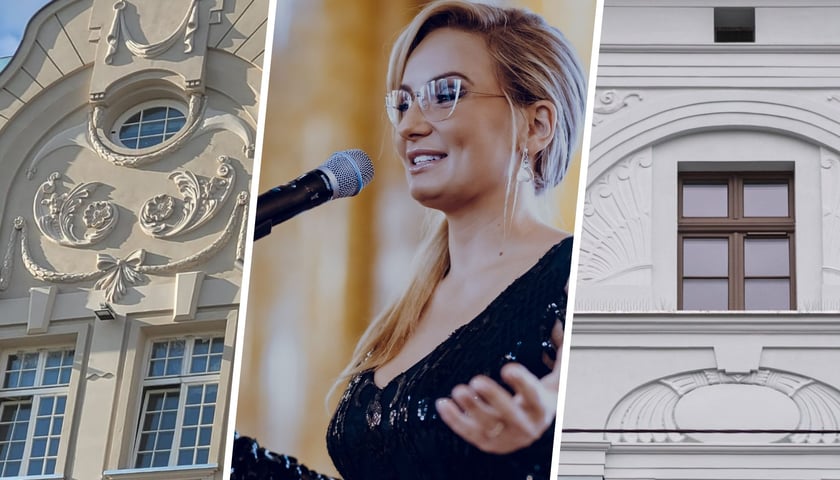 Kolaż trzech zdjęć, od lewej: fragment attyki hotelu Grand, konferansjerka przed mikrofonem, fragment elewacji kamienicy przy Kościuszki