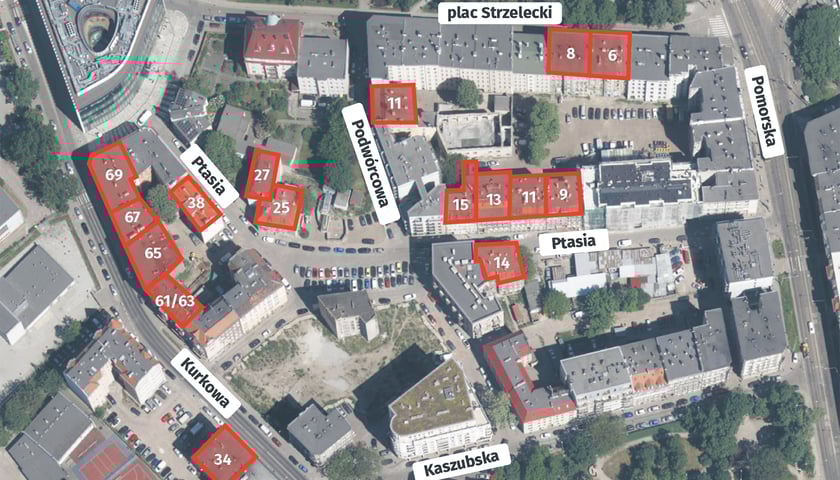 Mapa z obrysem podwórek z kamienicami do remontu