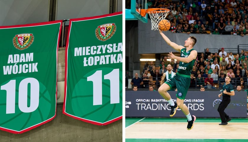 Po lewej: zielone banery z imionami, nazwiskami i numerami Adama Wójcika i Mieczysława Łopatki, po prawej: Daniel Gołębiowski rzucający spod kosza podczas meczu z Falco w Hali Stulecia