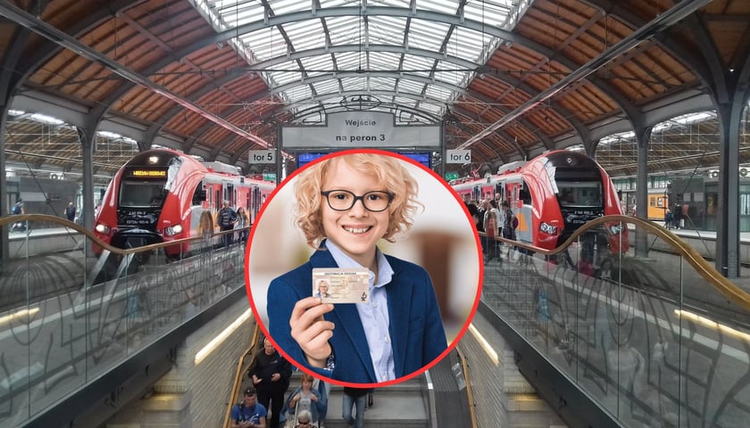Na zdjęciu głównym jest dworzec kolejowy we Wrocławiu i dwa pociągi Polregio przy peronach, w kółku: dziecko pokazujące nową legitymację szkolną