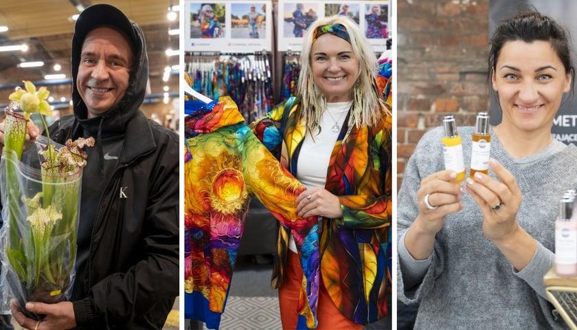 Trzy zdjęcia z Festiwalu Kupuj Świadomie – od lewej mężczyzna z zakupioną rośliną, w środku kobieta w kolorowej modowej bluzie, z prawej kobieta pokazująca kosmetyki 