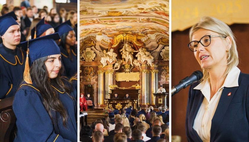 Na zdjęciu od lewej – studenci, przemawiający rektor MWSLiT prof. Marcin Pawęska, przemawiająca wiceprezydent Wrocławia Renata Granowska 