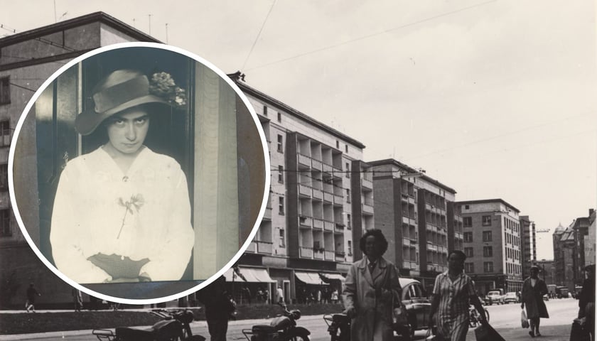 Kolaż dwóch zdjęć. W tle ul. Piłsudskiego 18-28 w roku 1963. W kółku - fotografka Janina Mierzecka, zdjęcie z roku 1913. 