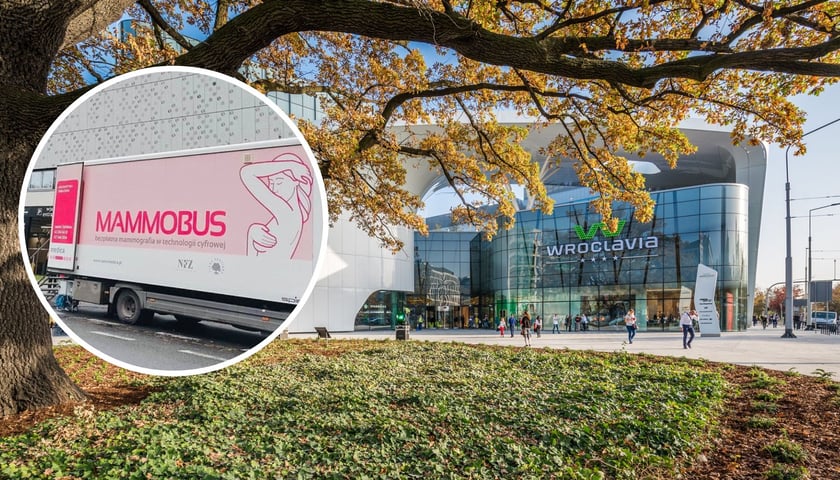 W tle: galeria Wroclavia, w kółku: mammobus