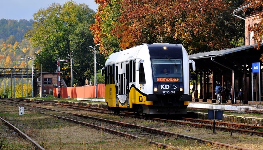 Pociąg Kolei Dolnośląskich stojący na stacji kolejowej 
