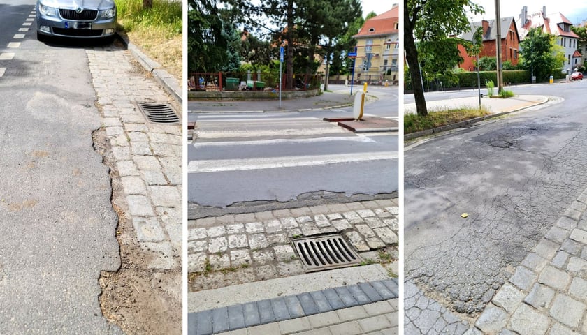 Połączenie trzech zdjęć, na których widać zniszczone części ulicy Racławickiej