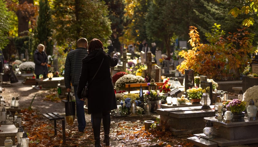 Na zdjęciu ludzie na Cmentarzu Osobowickim. Sprawdź, jak dojedziesz na wrocławskie cmentarze w dniu Wszystkich Świętych!