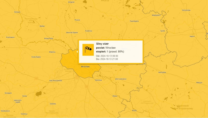 Mapa z zaznaczonym na żółto obszarem, w tym Wrocławiem, objętym ostrzeżeniem IMGW przed silnym wiatrem