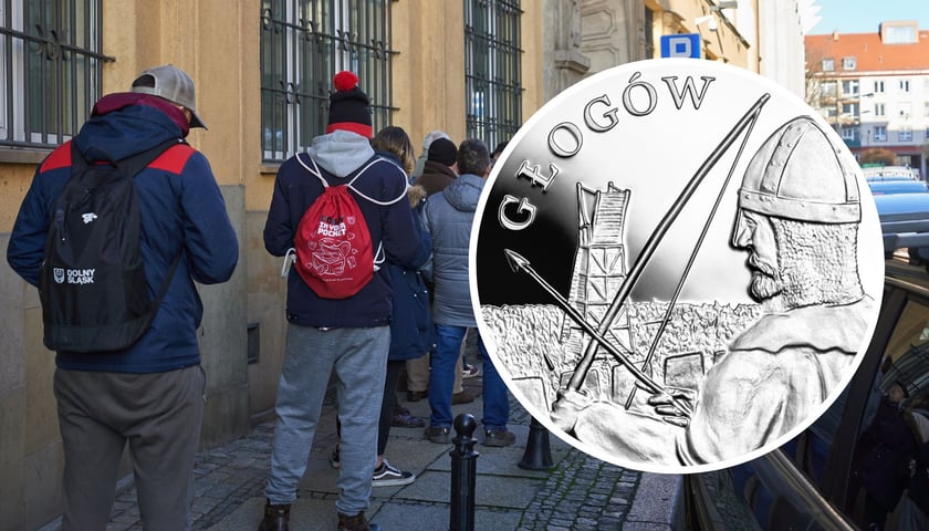 Na głównym archiwalnym zdjęciu kolejka pod NBP zainteresowanych nabyciem kolekcjonerskiej monety. Na małym zdjęciu moneta Głogów z serii "Polskie Termopile"