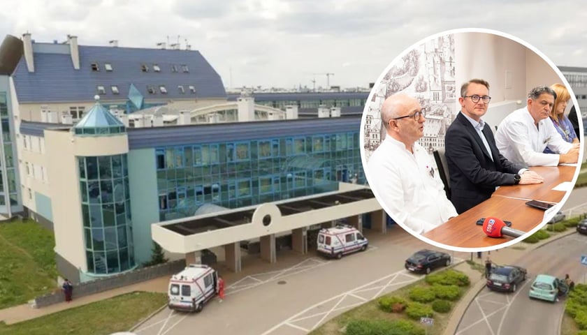 W tle: USK we Wrocławiu; w kółku: lekarze podczas konferencji