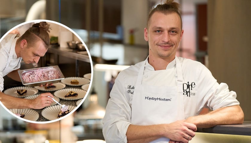 Na zdjęciu Łukasz Budzik, szef kuchni w restauracji Między Mostami, w pracy i przy przyrządzaniu posiłku 