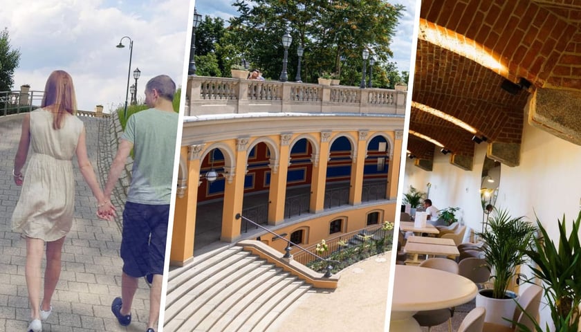 Wizualizacja (para idąca ścieżką na wzgórze) / loggia i fontanna / kawiarnia w loggii Bastionu Sakwowego