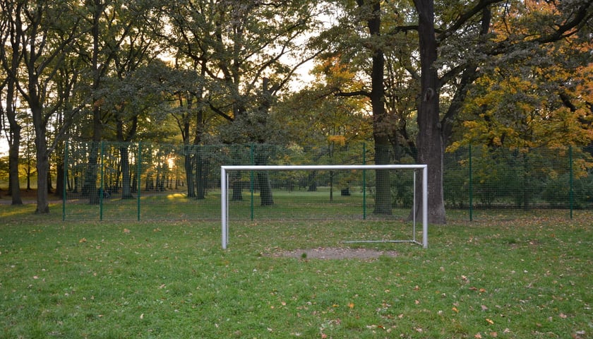 Boisko w parku biskupińskim z zamontowanymi nowymi piłkochwytami, 15.10.2024