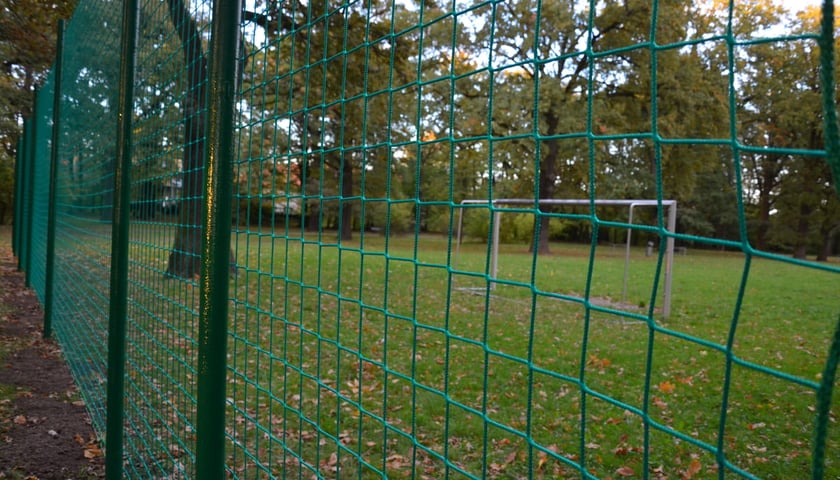 Boisko w parku biskupińskim z zamontowanymi nowymi piłkochwytami, 15.10.2024