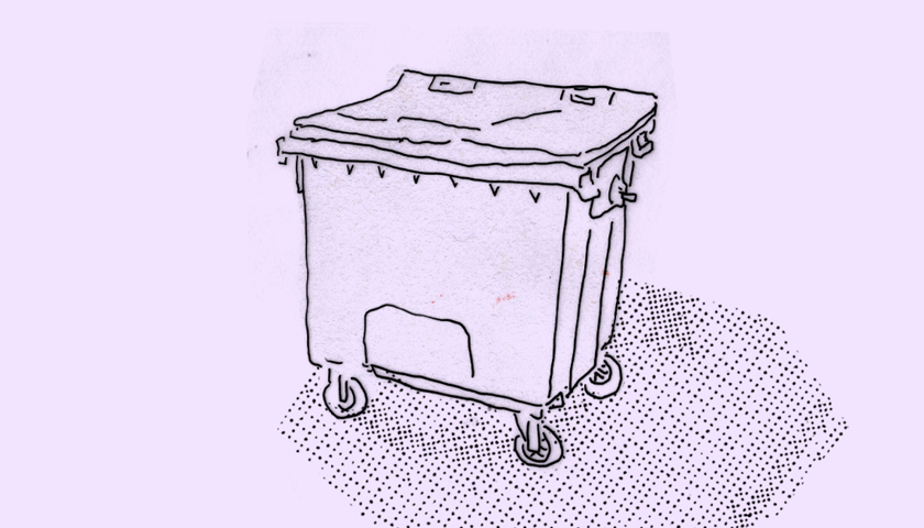 Duży, podwórkowy pojemnik na śmieci. Grafika ilustracyjna.