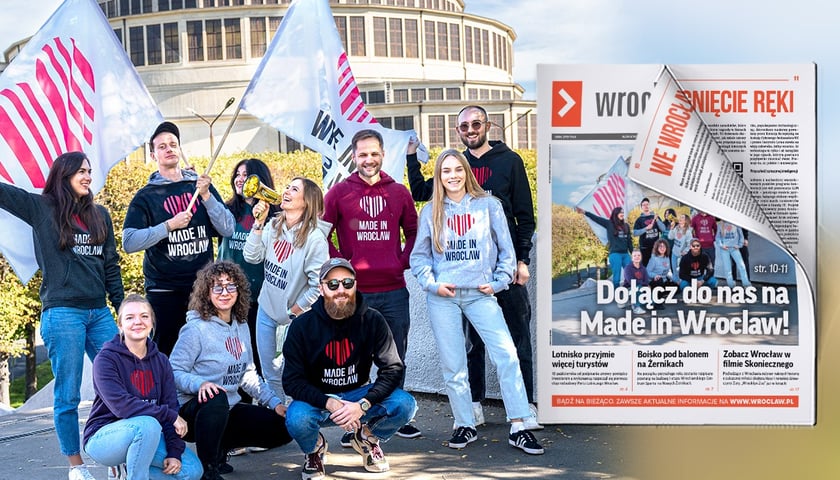 Grupa ludzi z megafonem i flagami zaprasza: Dołącz do nas na Made in Wroclaw!