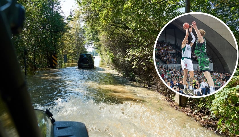 Okolice Wrocławia podczas powodzi, w owalu mecz koszykówki. Zdjęcie ilustracyjne