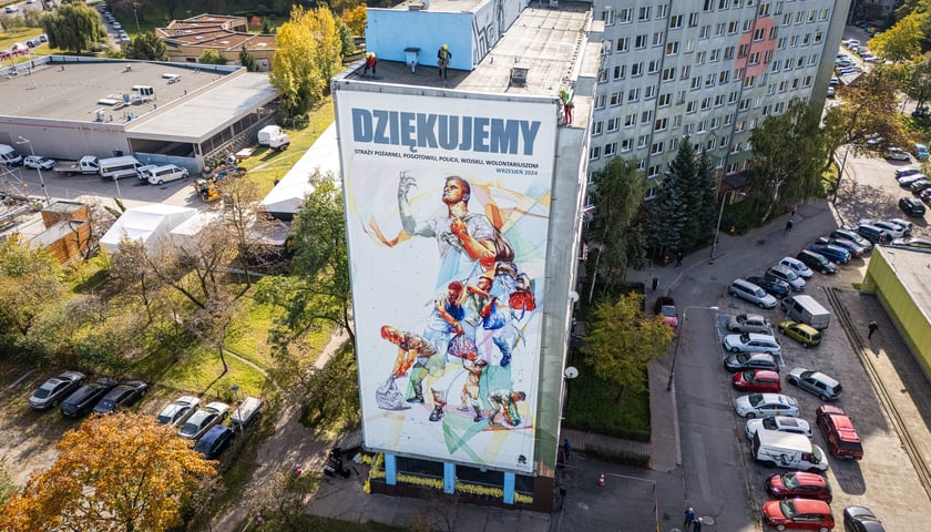 Grafika na wieżowcu przy ul. Krynickiej 2 we Wrocławiu