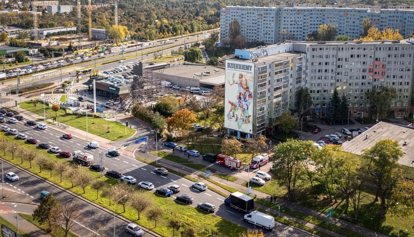 Powiększ obraz: Grafika na wieżowcu przy ul. Krynickiej 2 we Wrocławiu