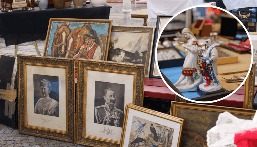 Rzeczy, jakie można kupić na giełdzie staroci we Wrocławiu (20 października). Na zdjęciu w kółeczku ozdobne figurki, na fotografii głównej - obrazy, grafiki