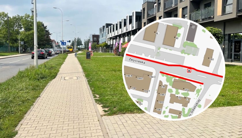 Na zdjęciu ul. Zwycięska a w kółku fragment mapy z naniesioną na niej projektowaną drogą rowerową
