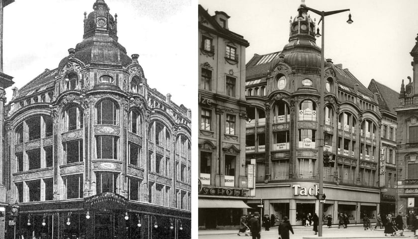 Narożnik Kużniczej i Wita Stwosza – Warenhaus A. Breslauer, późniejszy dom handlowy Tack. Zdjęcie po lewej pochodzi z 1905 r., zdjęcie po prawej z lat 1937–1944 po przebudowie parteru. Zdjęcie archiwalne