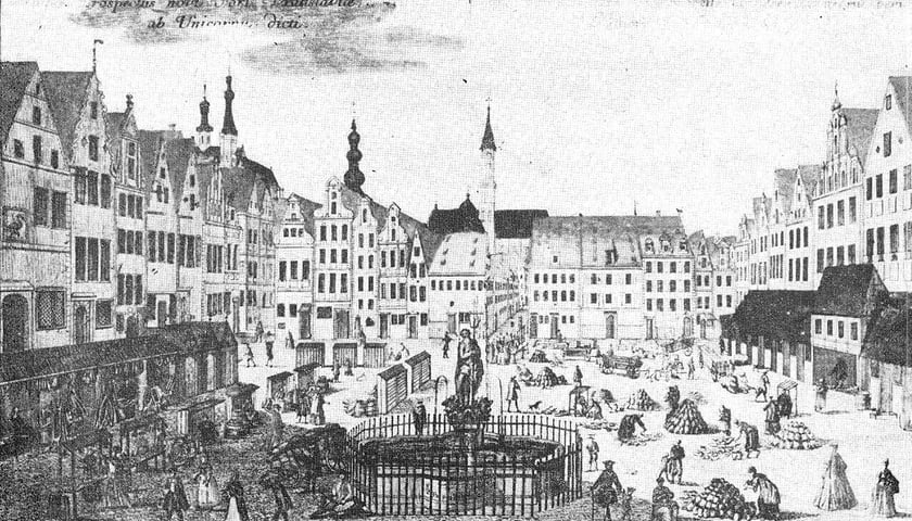Powiększ obraz: Nowy Targ na miedziorycie Carla Remsharta (1678–1735) wykonanym na podstawie rysunku Friedricha Bernharda Wernera (1690–1776). Lata 1710–1735