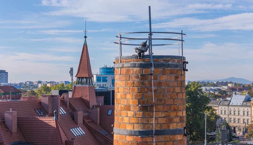 Krasnal siedzący na kominie dawnego kompleksu szpitalnego przy pl. Jana Pawła II