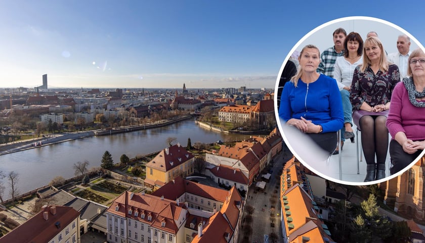 Kolaż dwóch zdjęć. W tle panorama Wrocławia. W kółku - spotkanie seniorów. Zdjęcia ilustracyjne.