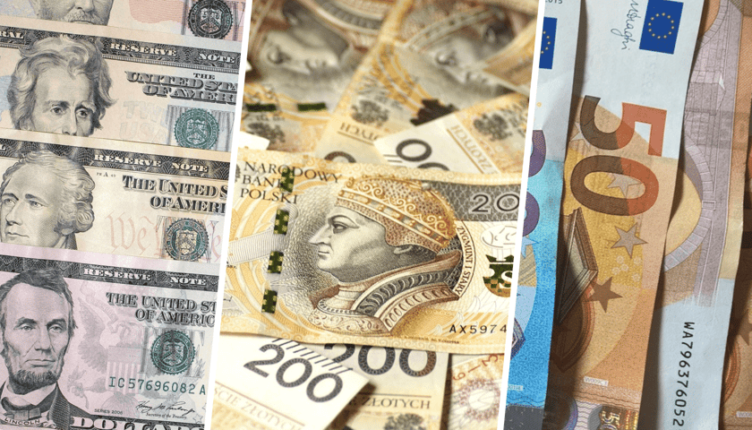 Od lewej banknoty: dolary, złotówki i euro 