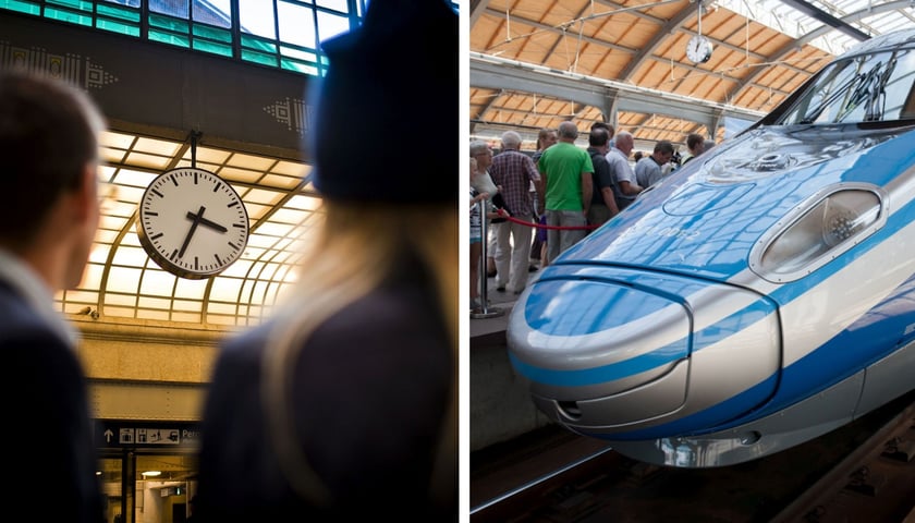 Z lewej zegar na stacji kolejowej i patrzący na niego ludzie, obok pociąg PKP Intercity