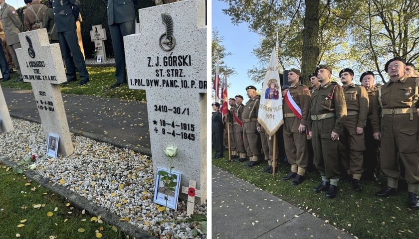 Z lewej groby żołnierzy na cmentarzu Oosterhout w Holandii, obok żołnierze podczas uroczystości 80-lecia wyzwolenia Bredy 
